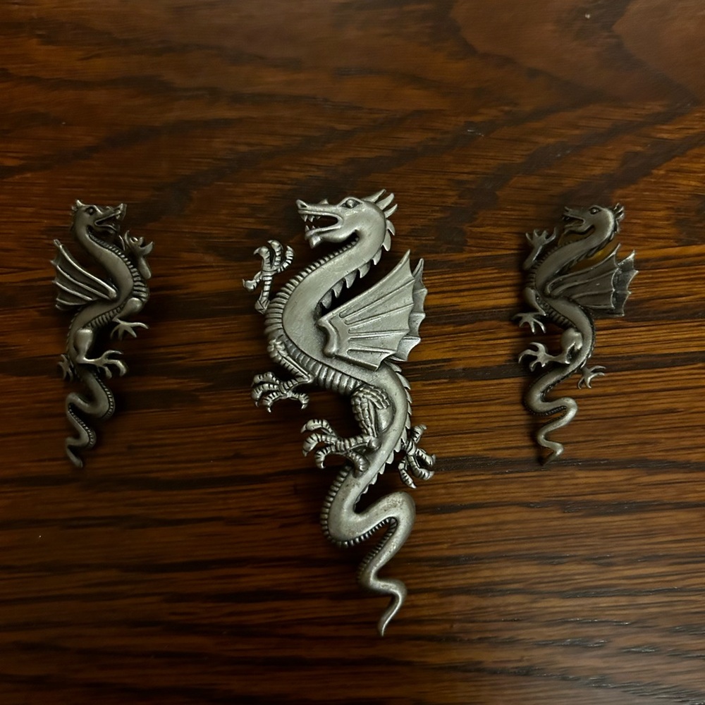 Vintage JJ Artifacts Mythical Dragon Pewter Brooch and Earrings Set